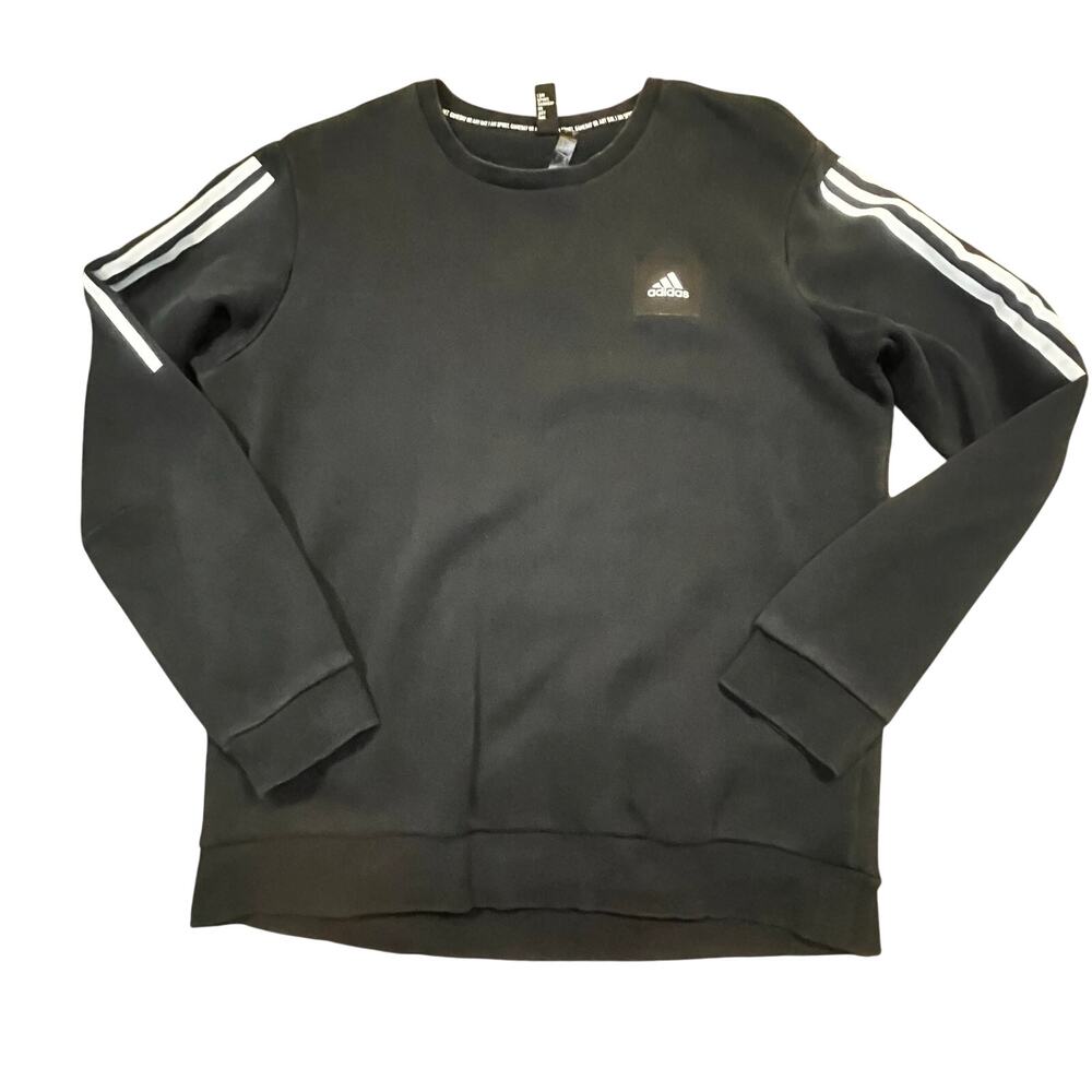 Adidas Sweatshirt Men Large Black 3 White Stripe Crewneck Logo Patch Pullover